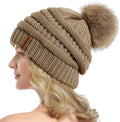 Women Knit Slouchy Beanie with Faux Fur Pompom - Soft Acrylic Fit