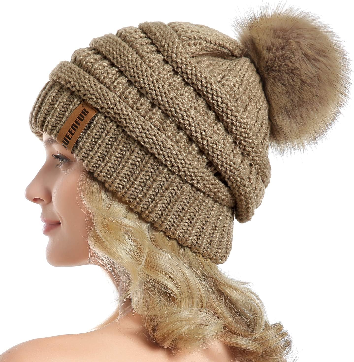 QUEENFUR Chunky Beanie with Faux Fur Pom - Cozy Winter Hat