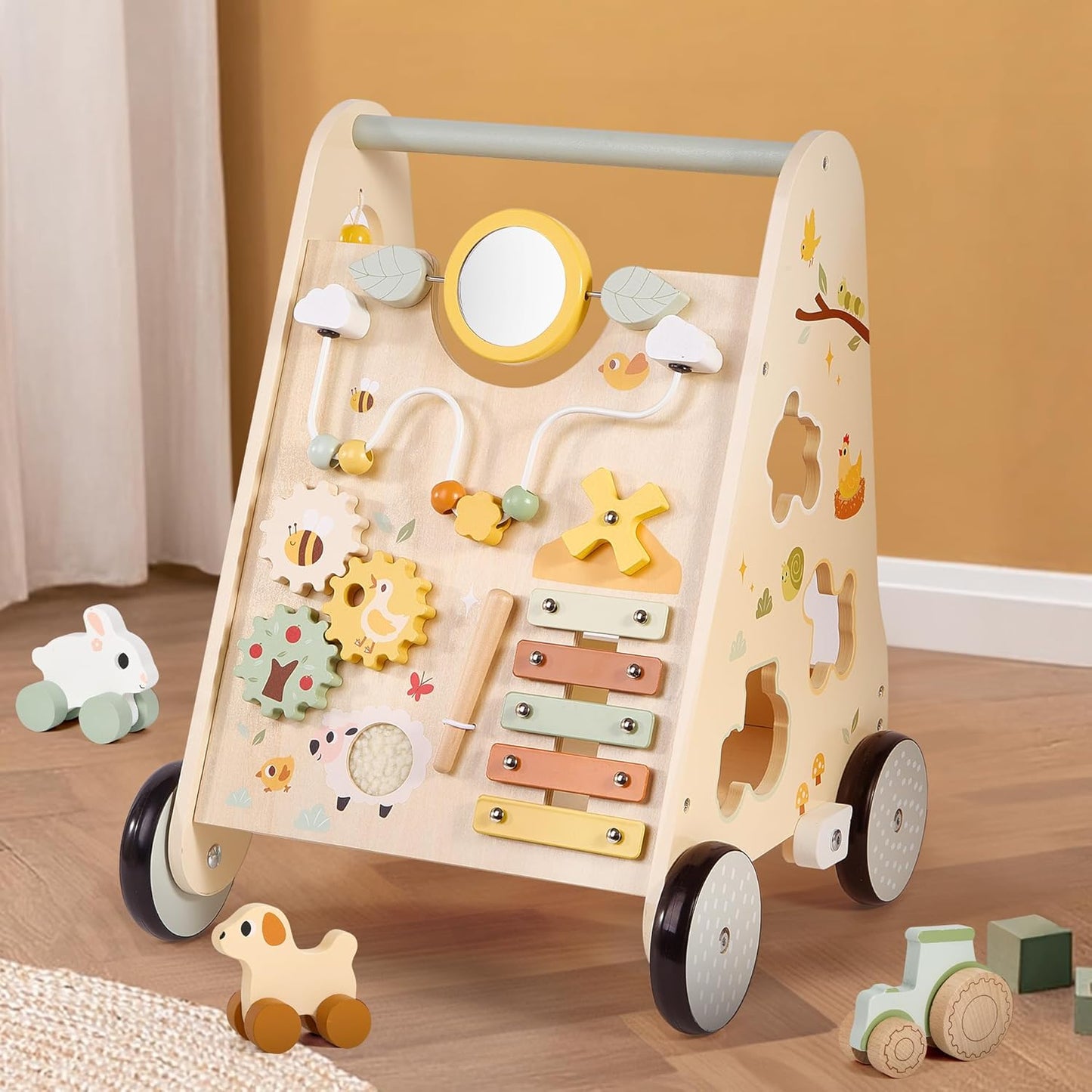 Wooden Baby Push Walker with Activity Center for Learning Fun