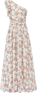 Women One Shoulder Floral Maxi Dress - Smocked Back, Ruffle Sleeve