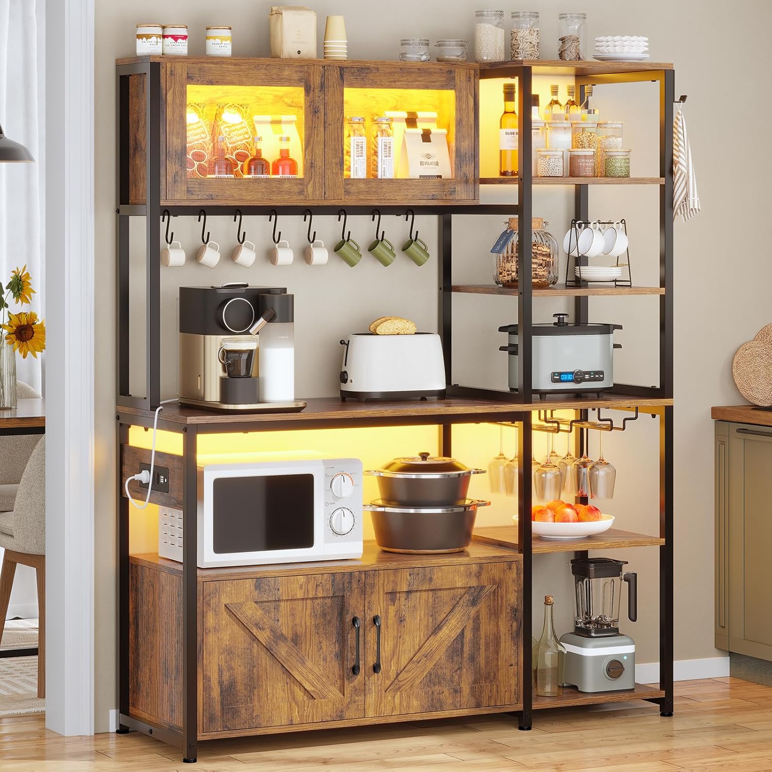Farmhouse Baker's Rack: Power Outlet, LED Light
