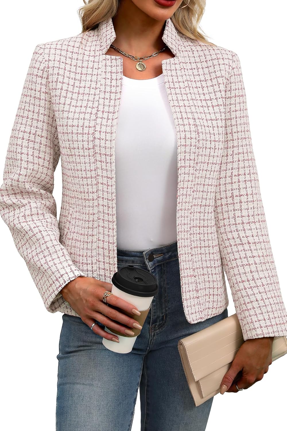 ELLEVEN Womens' Tweed Blazer Long Sleeve Jacket for Work