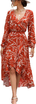 Womens Floral High Low Maxi Dress V-Neck - Flowy Elastic Waist