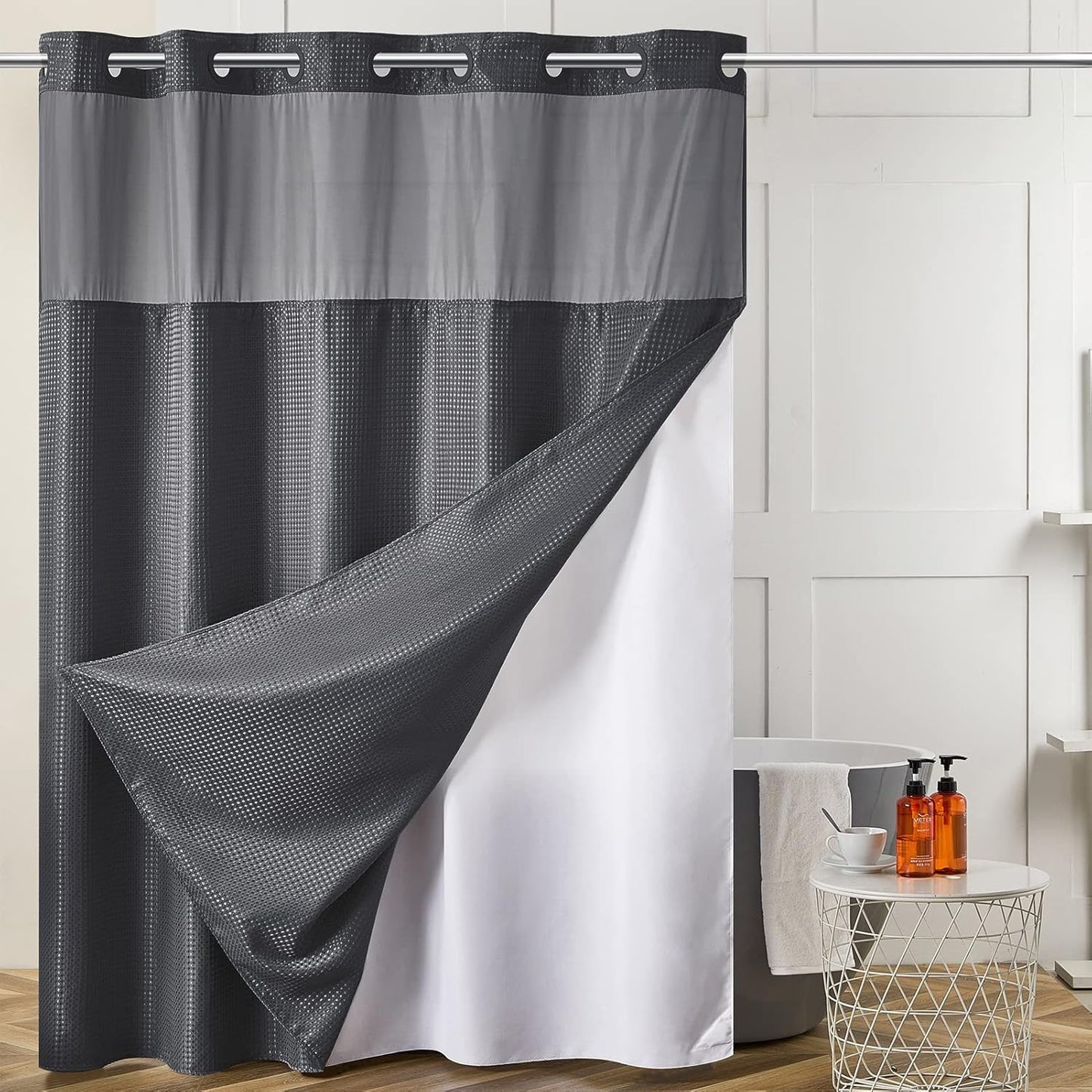 Furlinic No Hook Waffle Weave Shower Curtain with Liner Set
