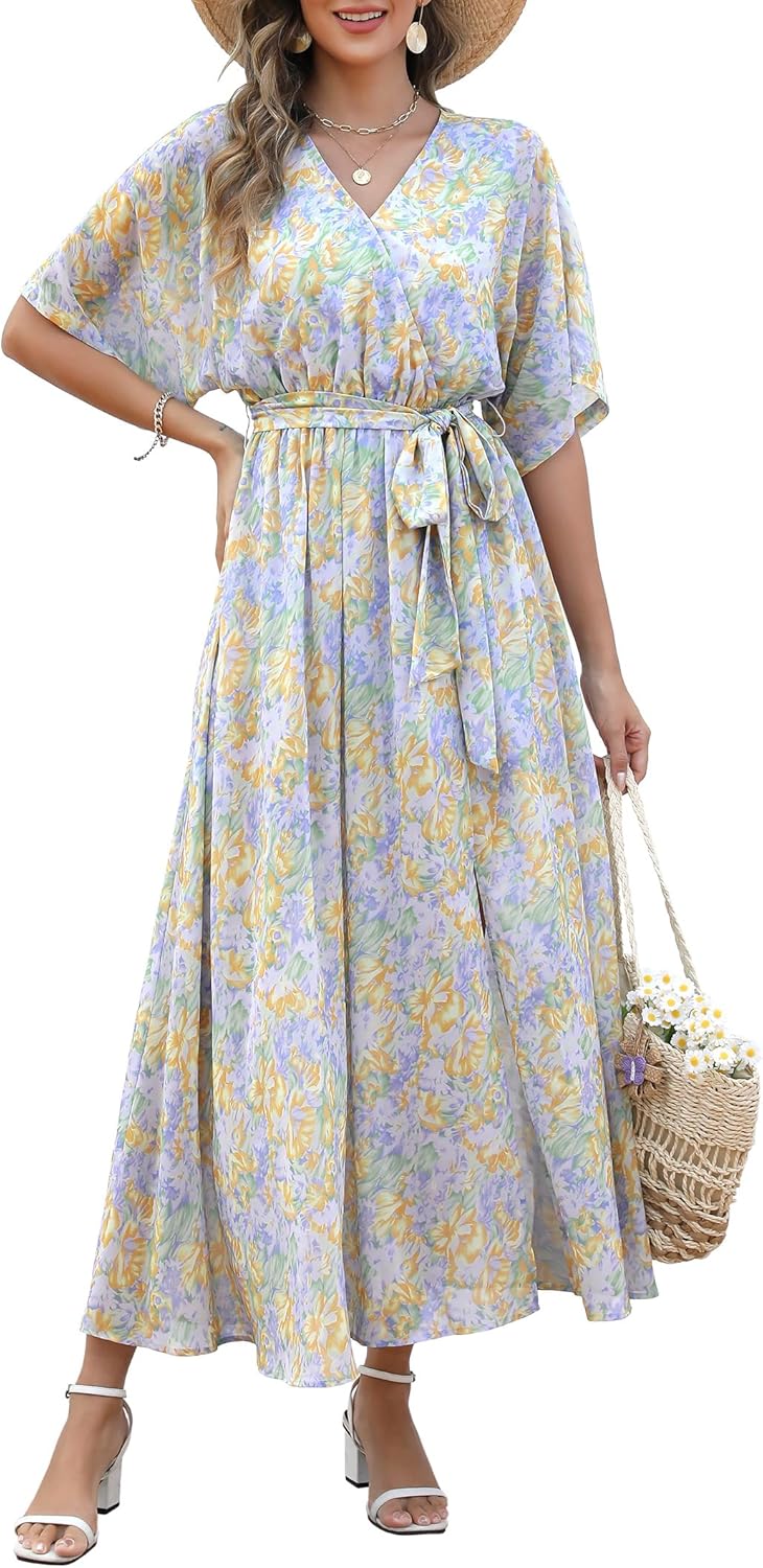 Womens Summer Loose Boho Flowy Wrap V Neck Maxi Dress Review