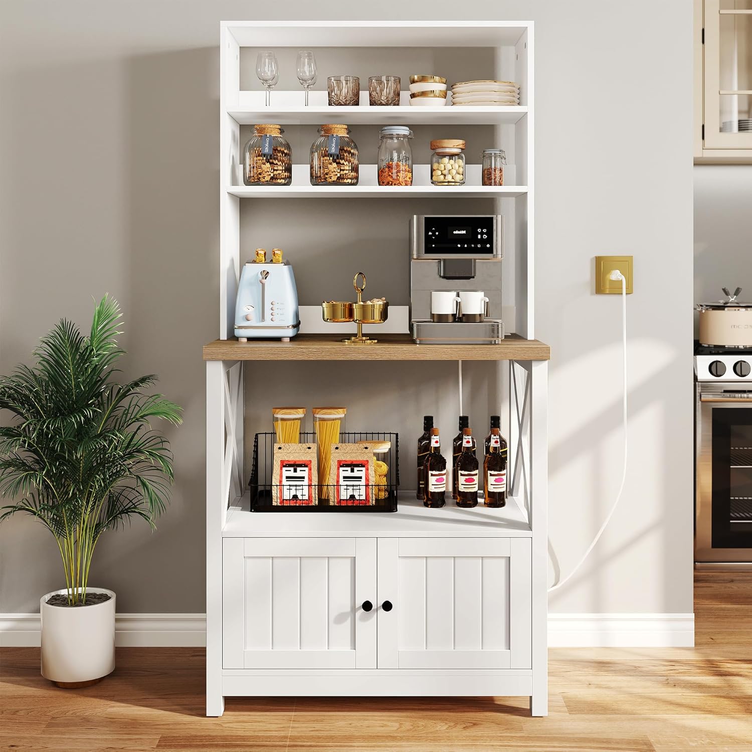 YITAHOME Farmhouse Microwave Stand with Power Outlet