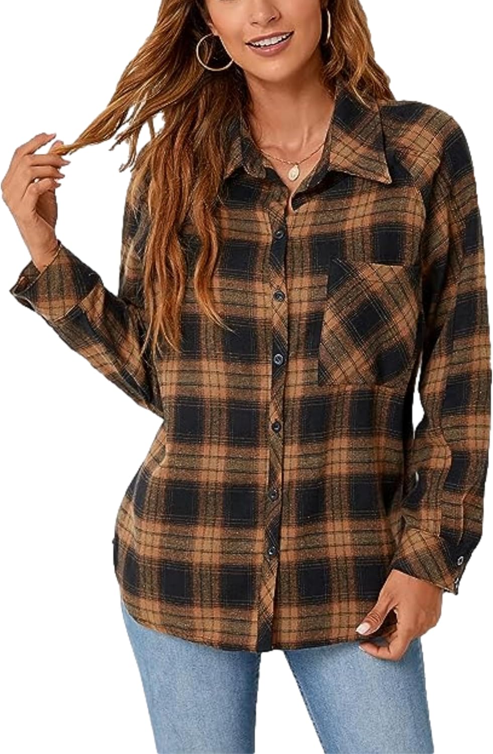 Womens Flannel Shirt Plaid Buffalo Long Sleeve Button Down Tops