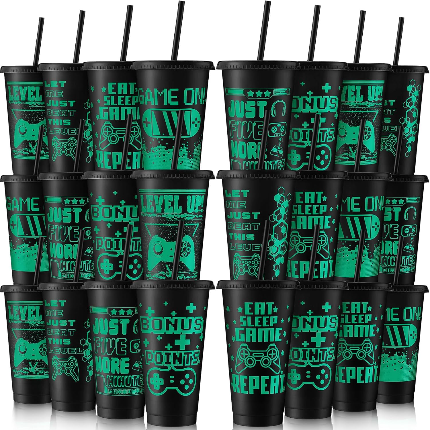 24 Pc Reusable Gaming Cups with Lid & Straw - Cute & Fun!