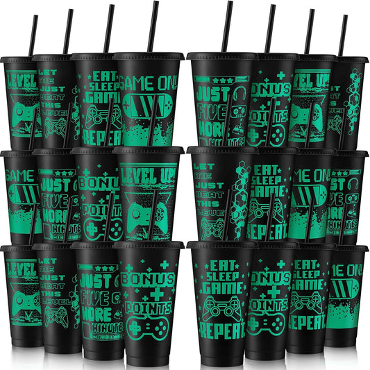 24 Pc Reusable Gaming Cups with Lid & Straw - Cute & Fun!
