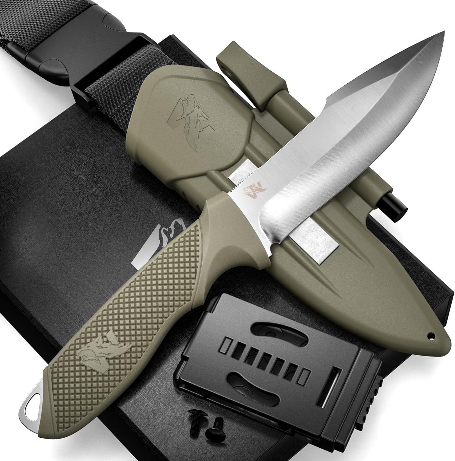 WOLF-III D2 Steel Survival Knife - Fire Starter + Sheath - Bushcraft Tool