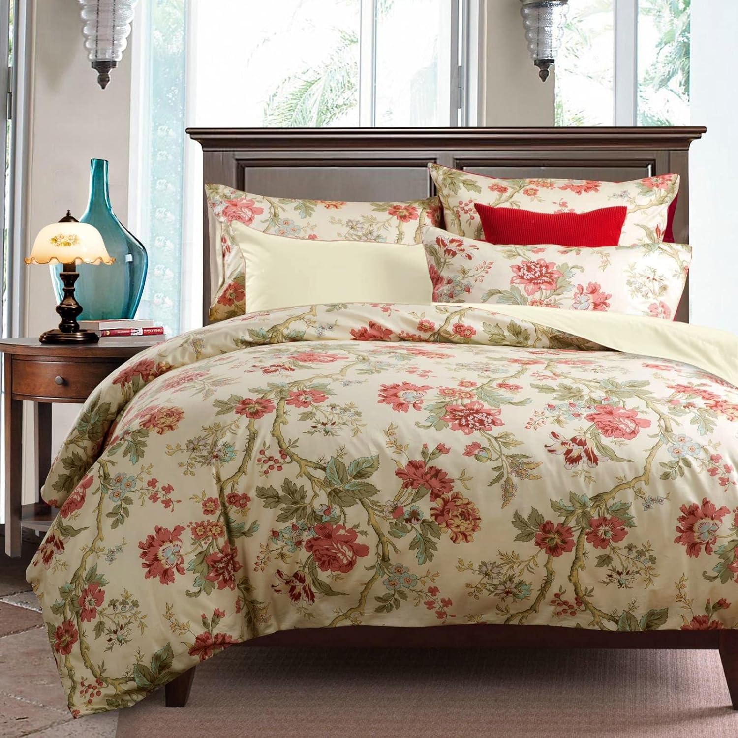 Garden Style 3 Pieces Red Flower Leaf Pattern Duvet Cover Set