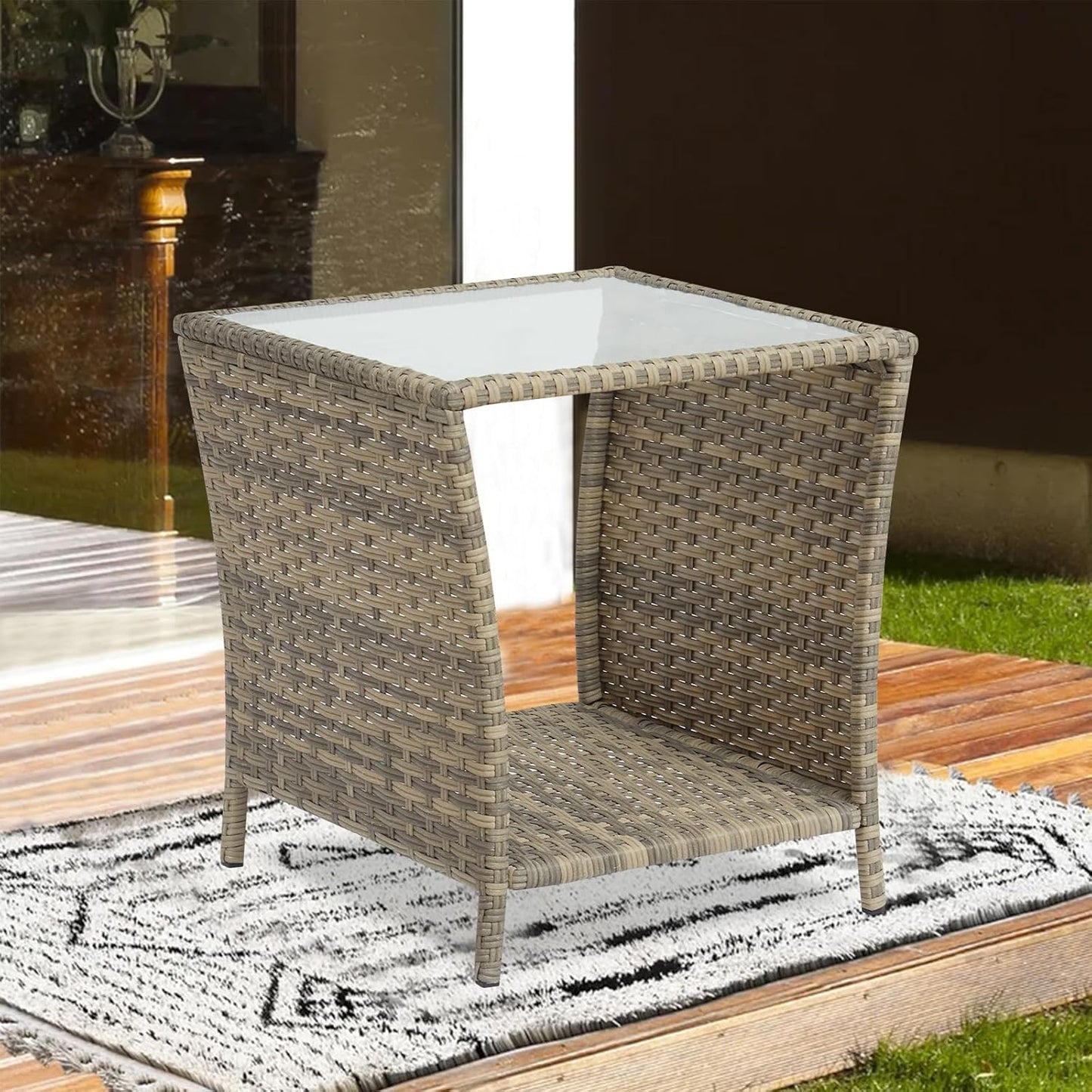 Outdoor Wicker Side Coffee Table for Patio and Garden Use