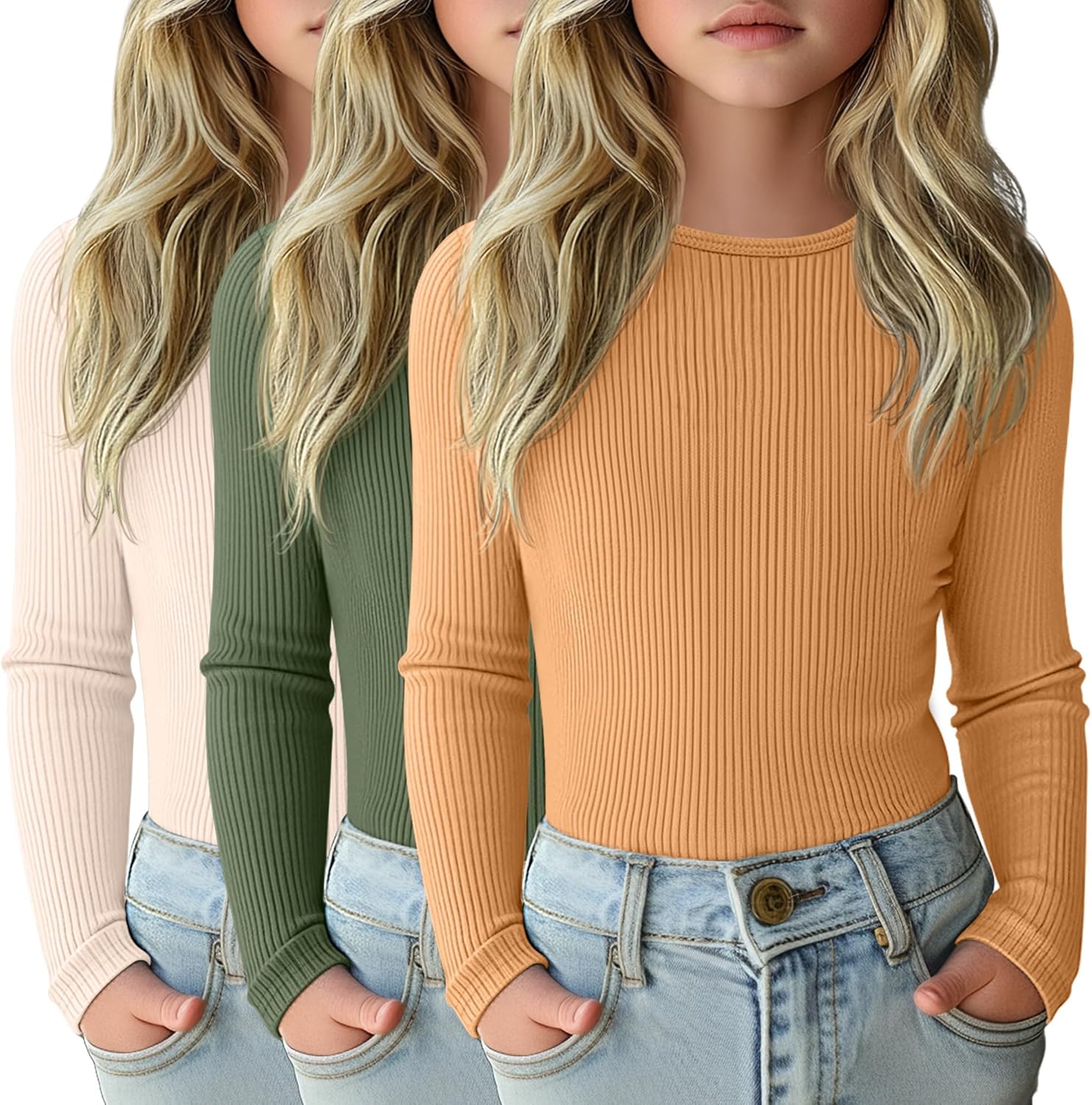 3 Pack Girls Long Sleeve Shirts for Casual Layering and Comfort