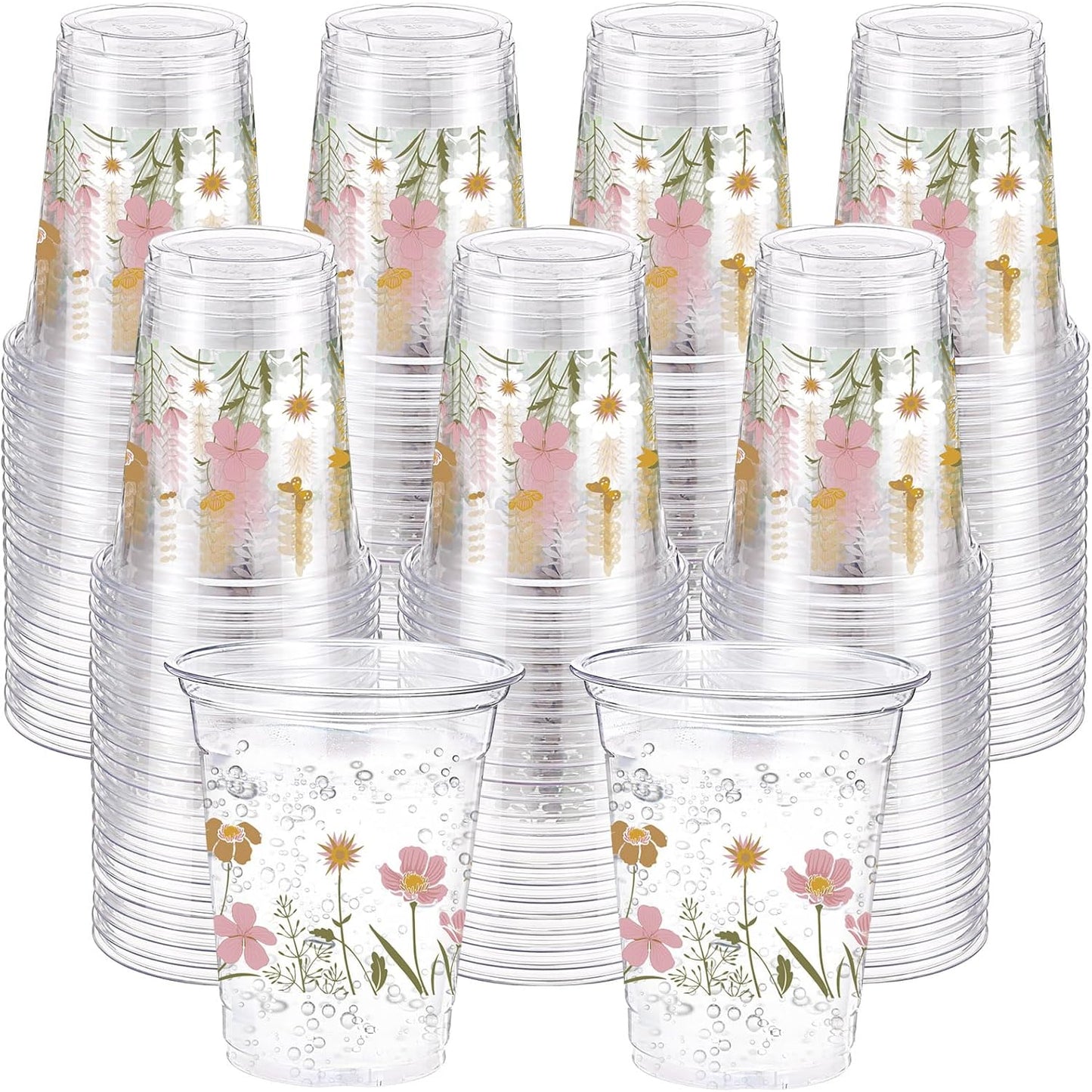 100 Pcs Boho Flower Plastic Cups for Spring Summer Parties