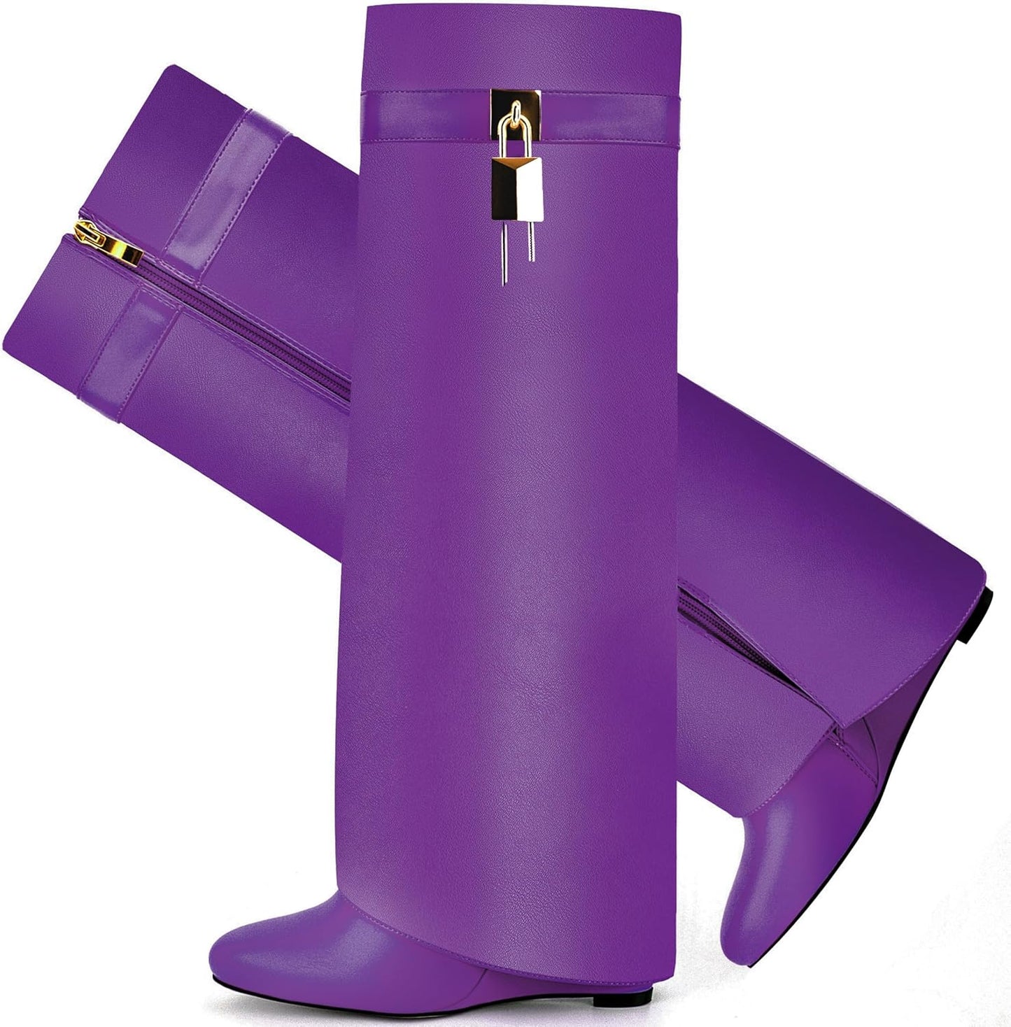 Fold Over Boots for Women with Pointy Pull-on Wedge Heel Design
