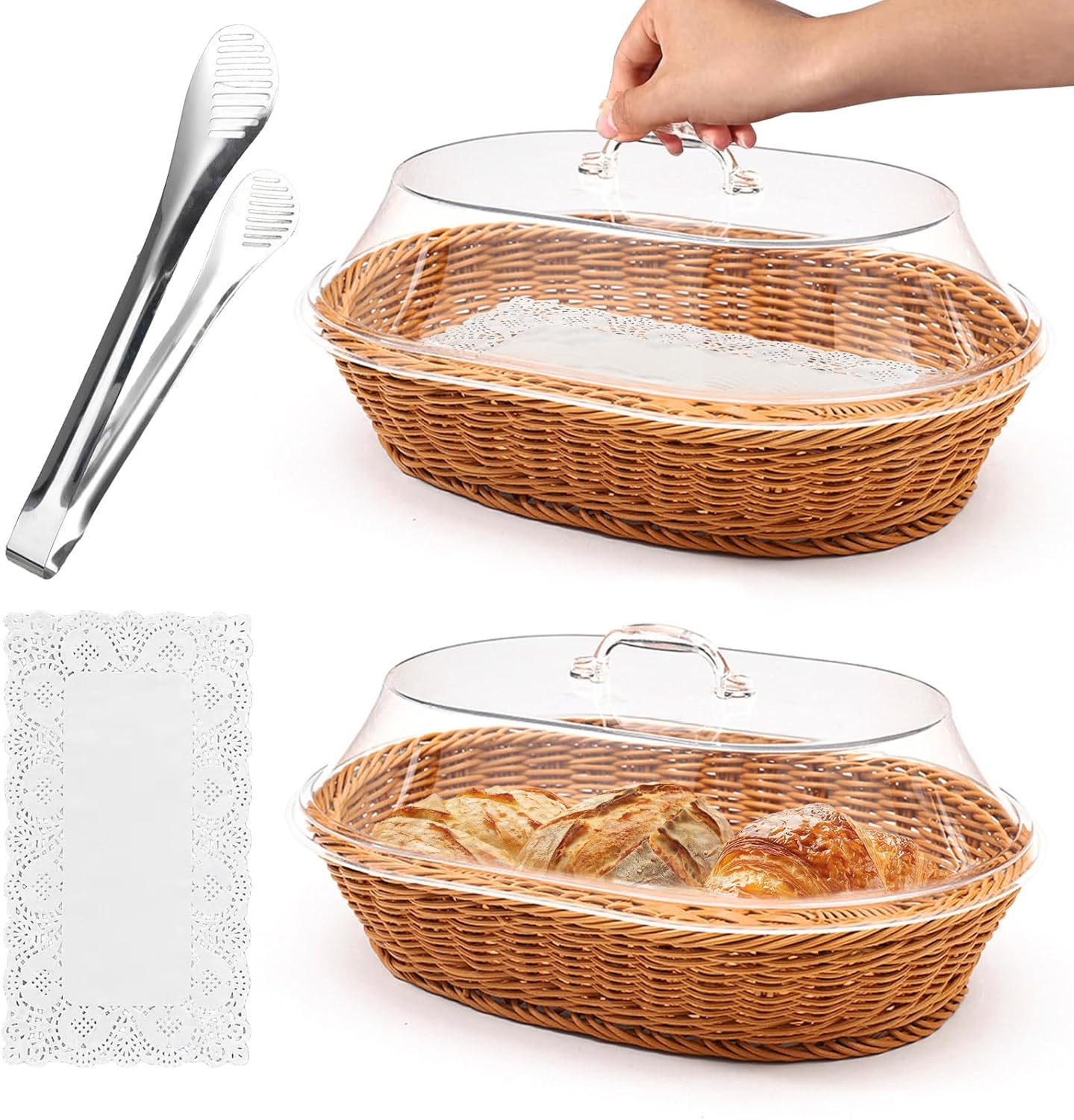 Rattan Bread Baskets with Lids and Tongs for Elegant Serving