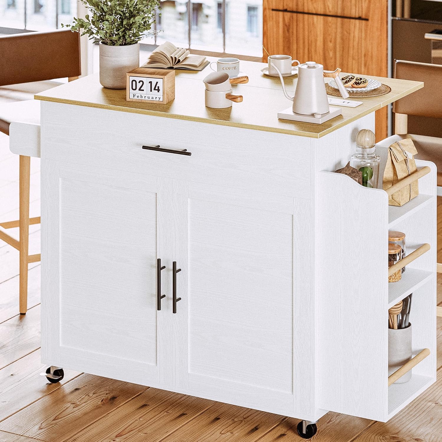 Rolling Kitchen Island with Drop Leaf & Storage