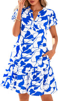 Womens Floral V Neck Puffy Sleeve Mini Dress - Lightweight Lined