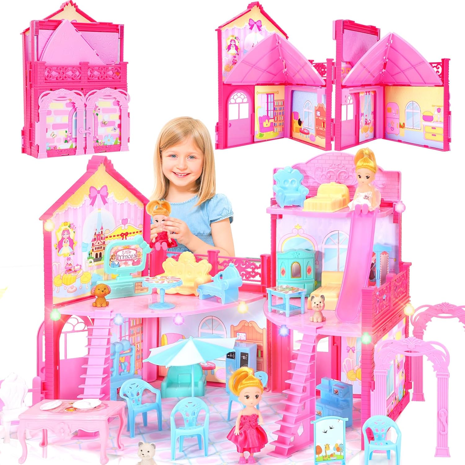 Dream 3-Story Foldable Dollhouse Set by AmiDear - Perfect Princess Playhouse!