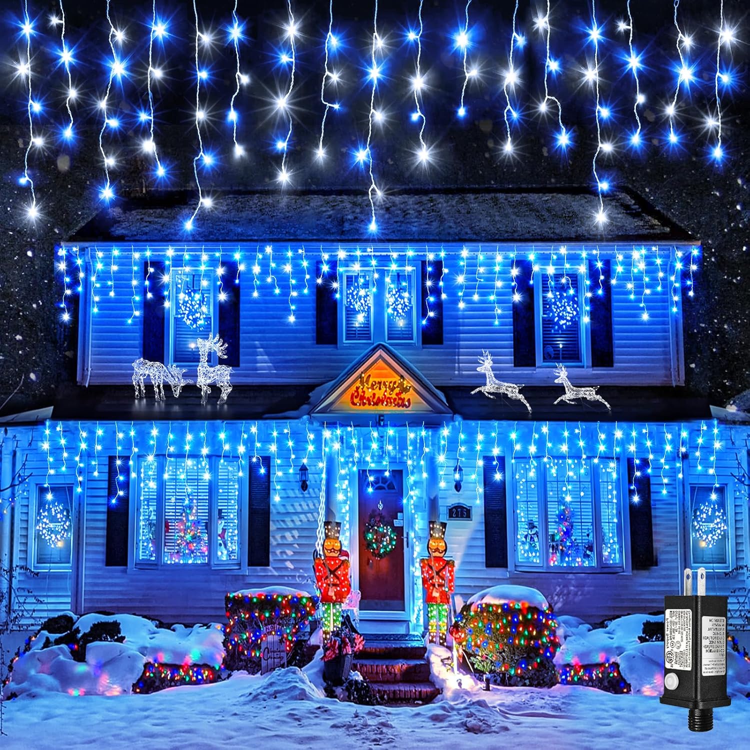 Icicle Christmas Lights Outdoor - 66ft 640 LED Blue White Lights