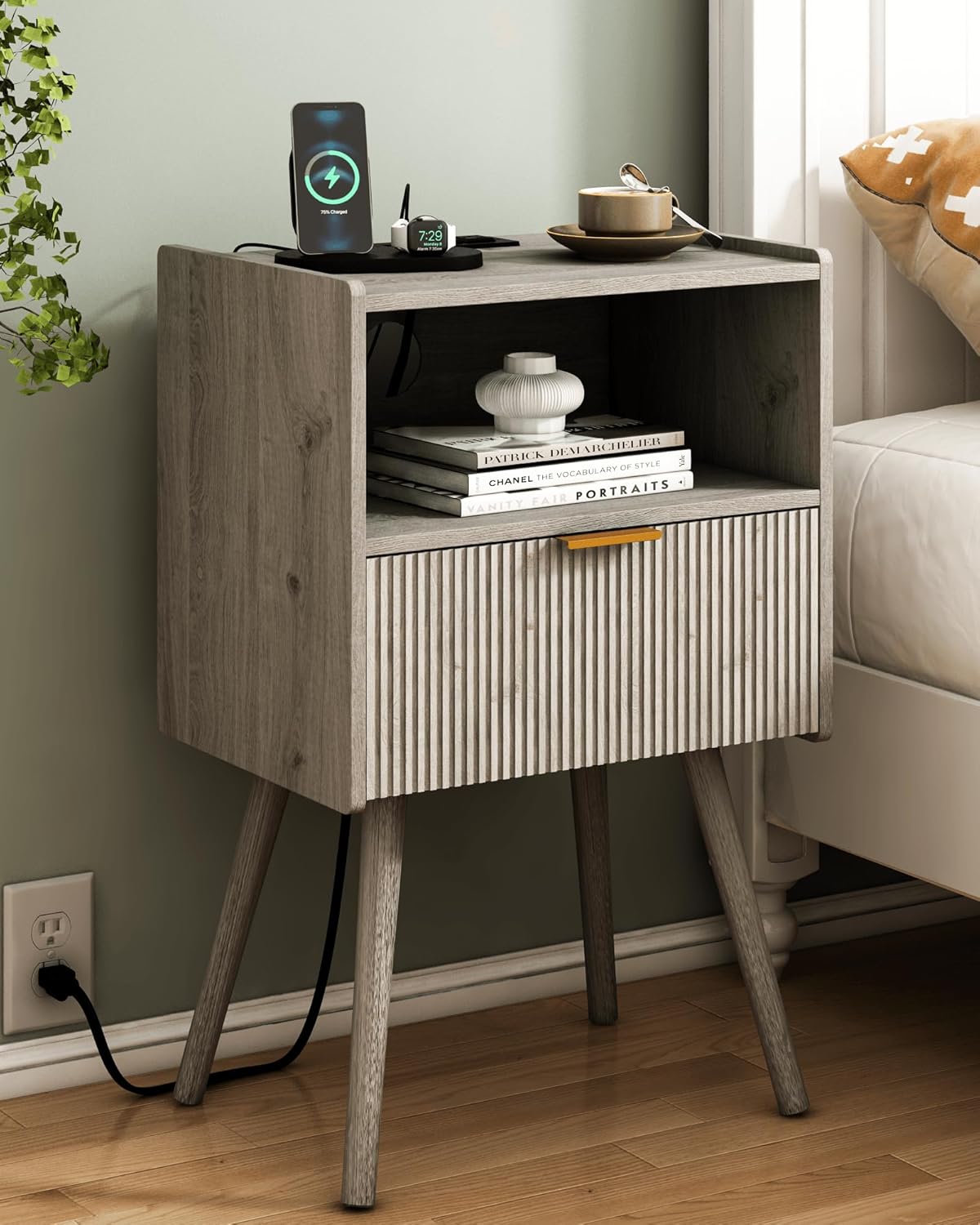 Modern Nightstand with Outlet and Storage for Small Spaces