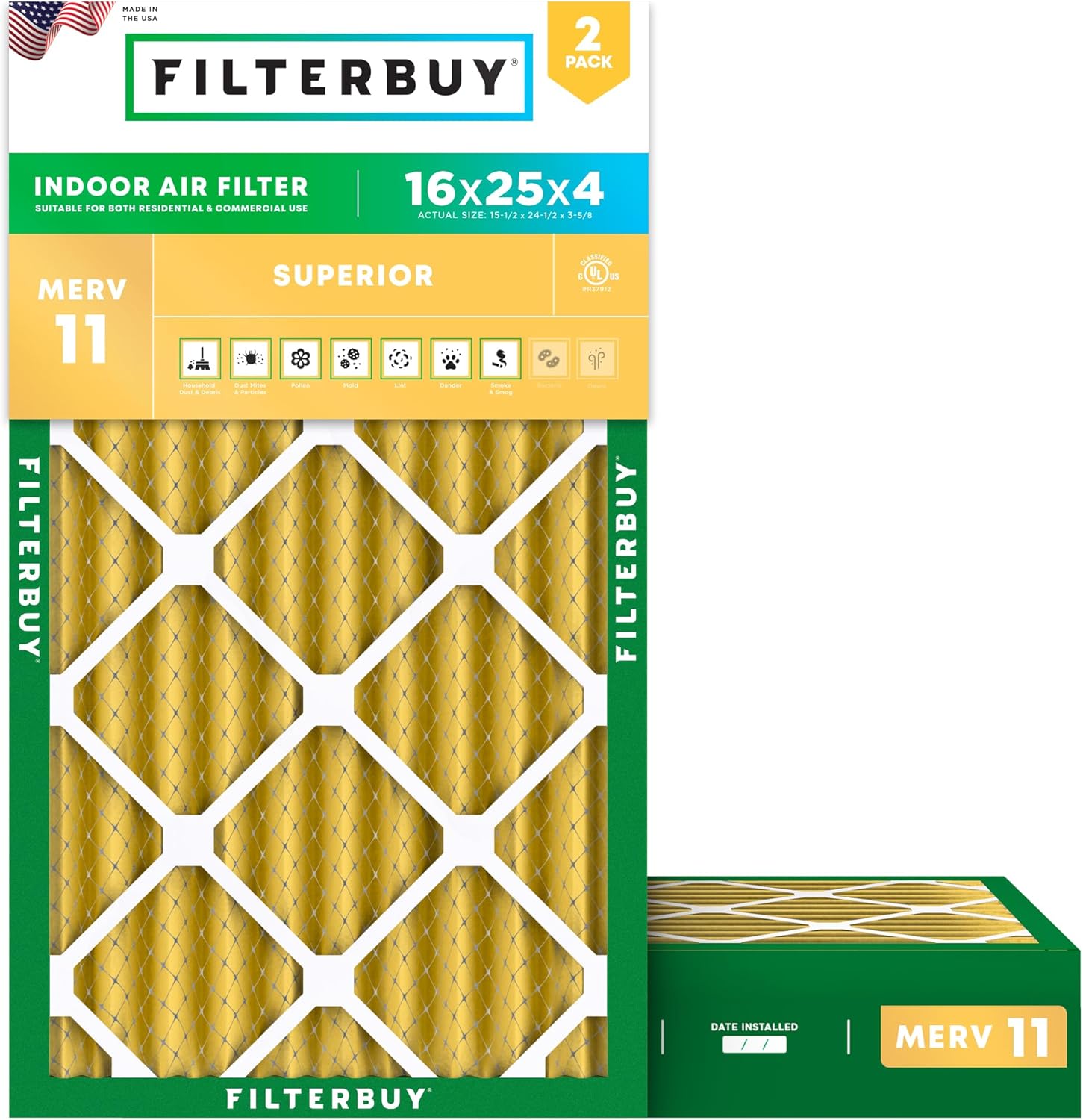 Filterbuy 16x25x4 MERV 11 Allergen Defense Air Filters - 2 Pack