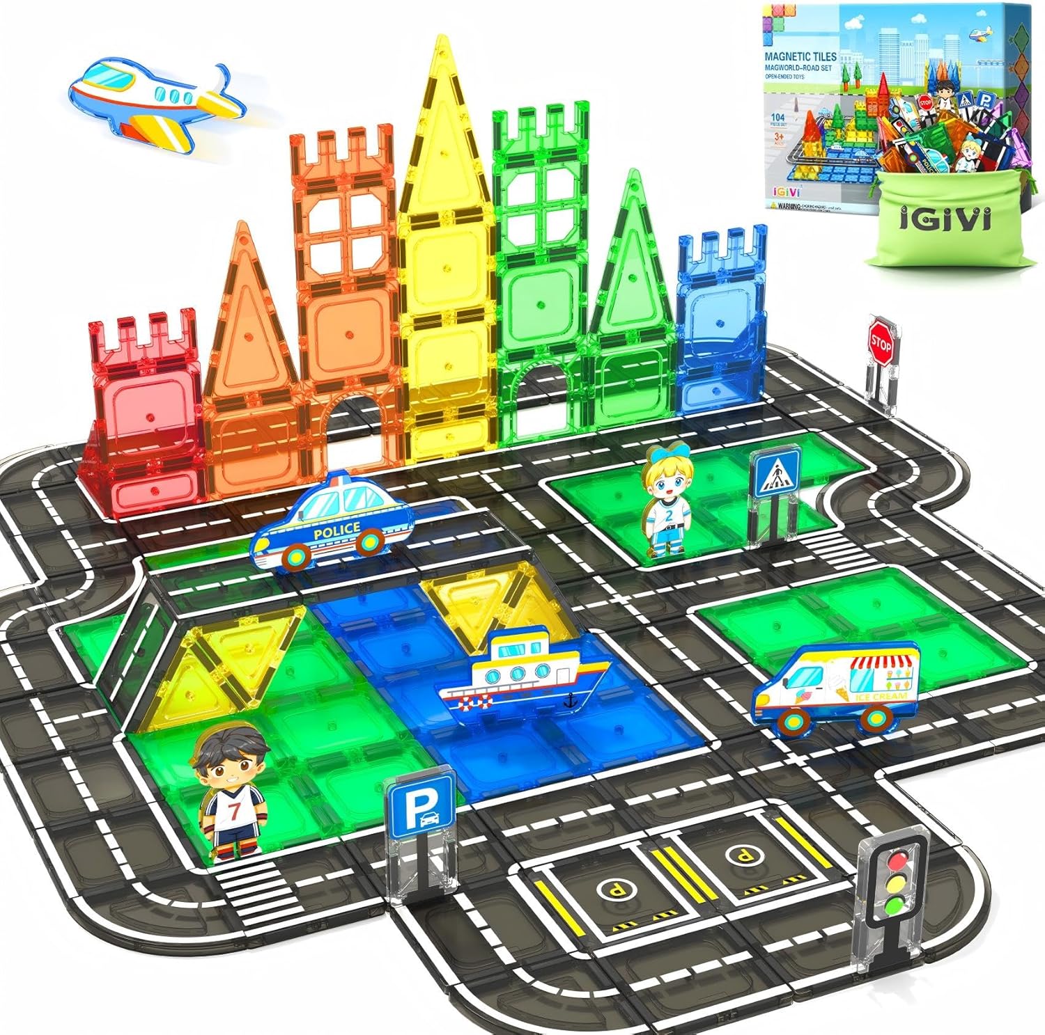 104 PCS Magnetic Tiles Road Set for Creative Kids Playtime