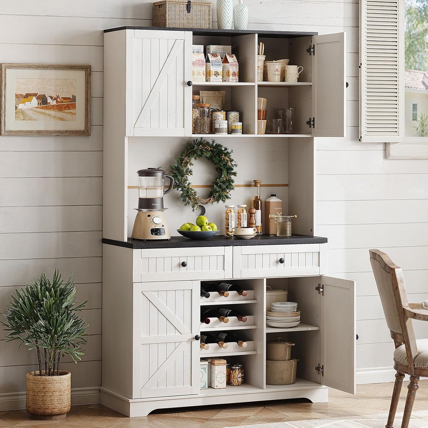 Farmhouse Kitchen Pantry with Wine Racks & Drawers, Adjustable Shelves, Off White - ONBRILL