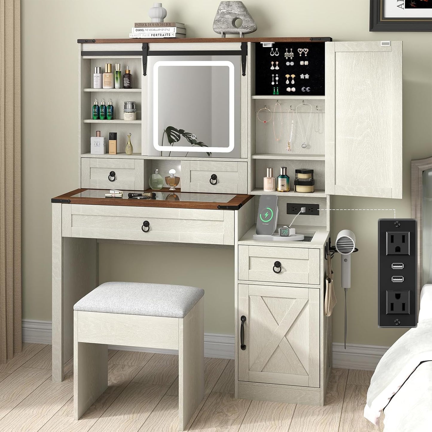Farmhouse Vanity Set with Sliding Mirror & Lights, Glass Top, Charging Station - GlouMod