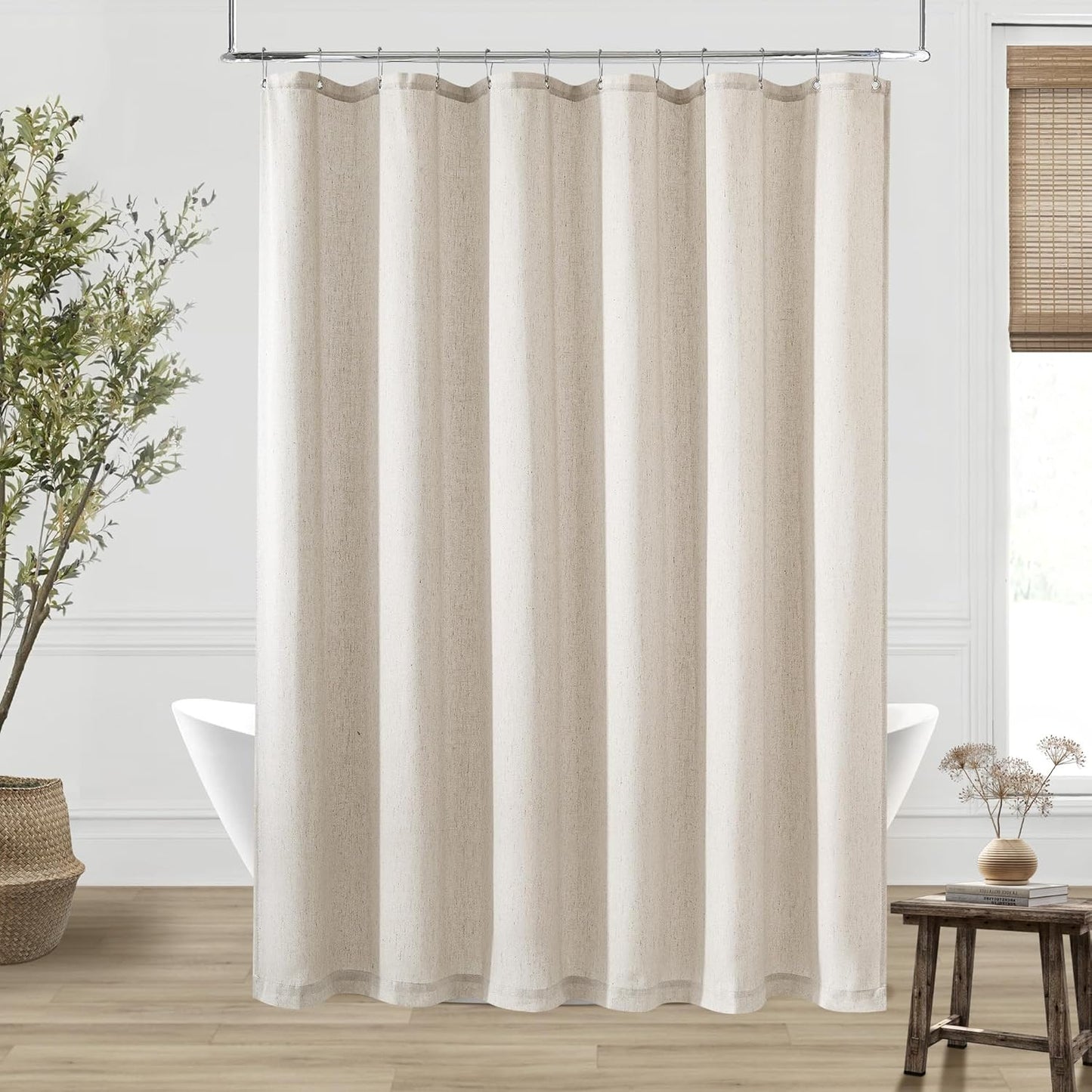 80 Inch Long Shower Curtain Tan Beige Linen for Bathroom Decor