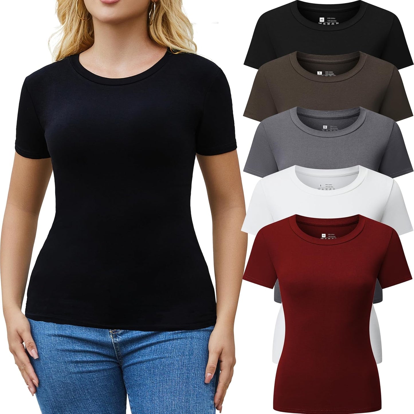 3/5 Pack Crew Neck T Shirts for Women - Casual Fitted Tops