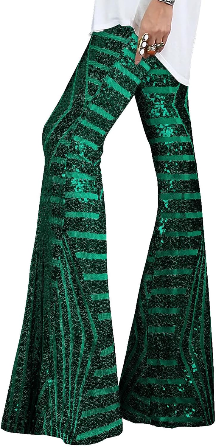 EVALESS Women Sequin Pants Sparkly Glitter High Waisted Trousers