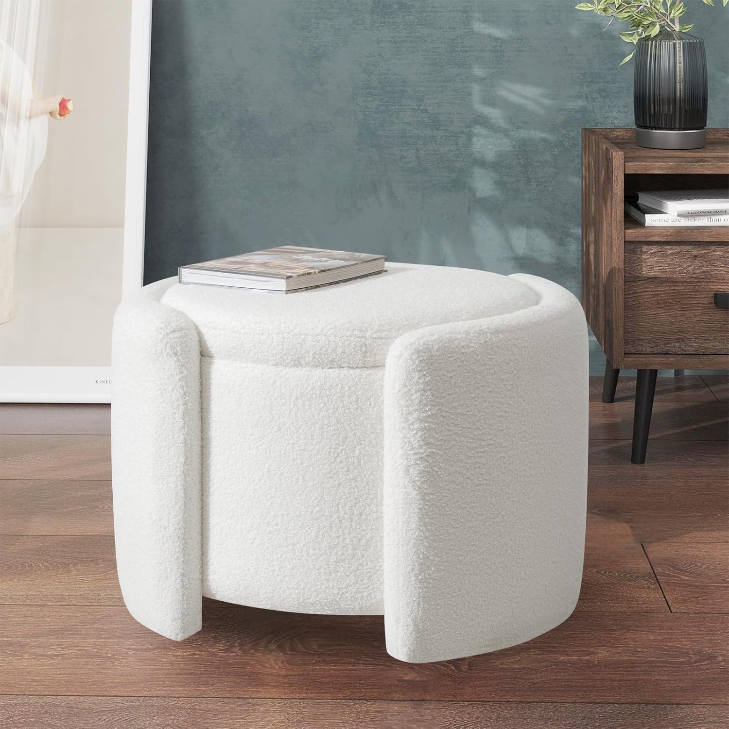 Furniliving Upholstered Button Tufted Round Ottoman with Storage