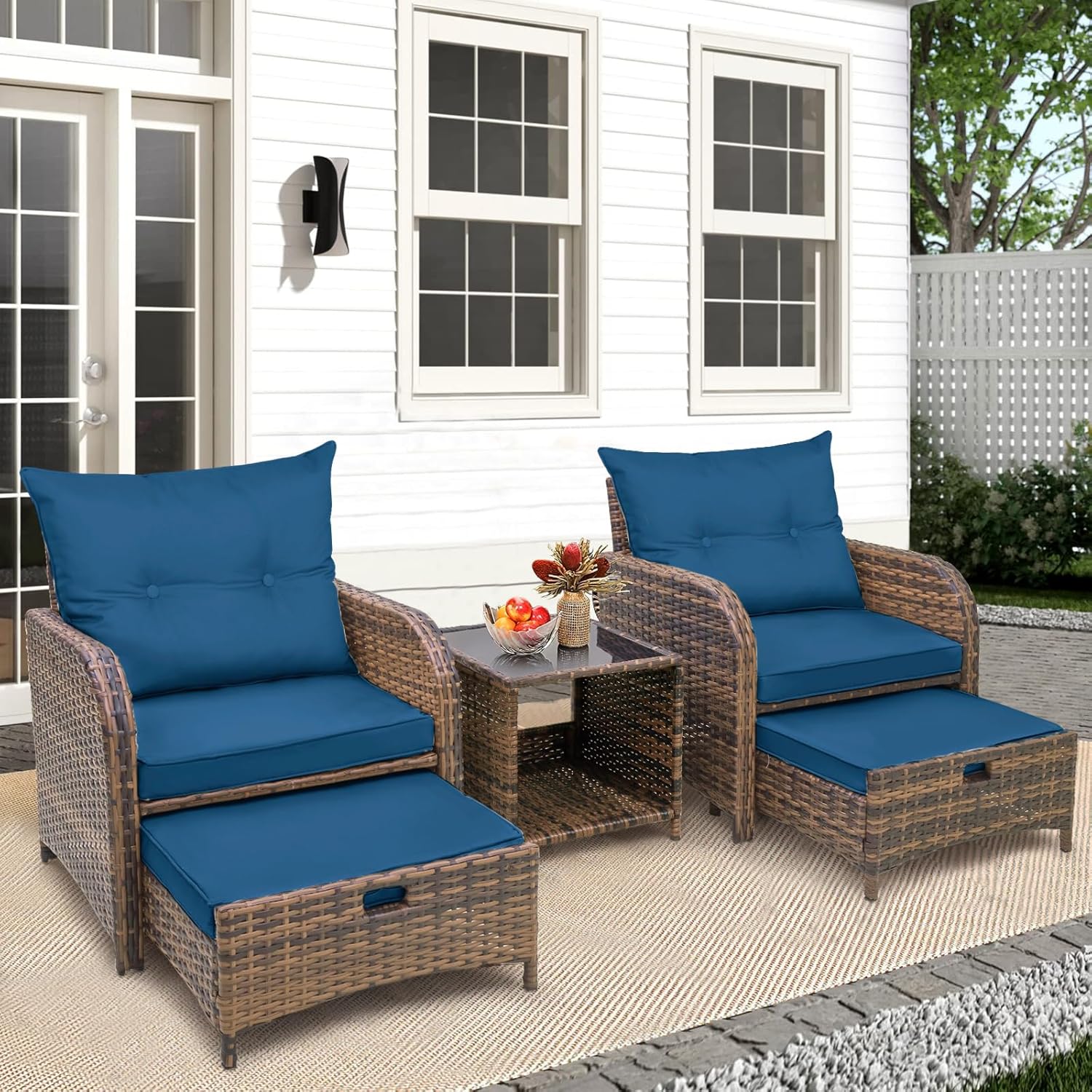 5 Pieces PE Wicker Outdoor Chairs with Ottomans for Patio