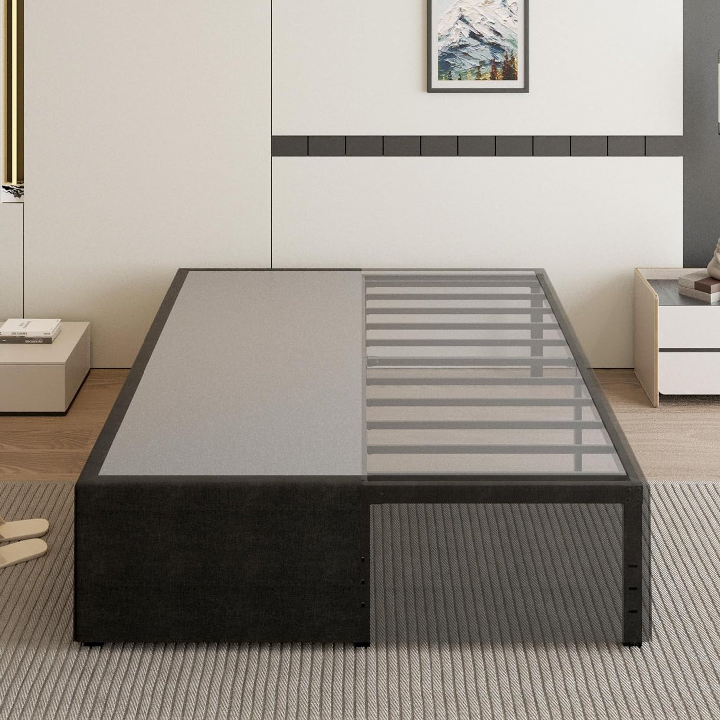 18 Inch Queen Bed Frame with Black Cover for Easy Assembly