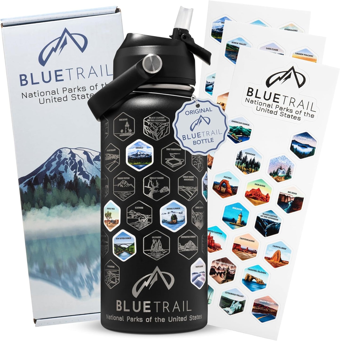 BlueTrail National Parks Water Bottle with Stickers for Adventures