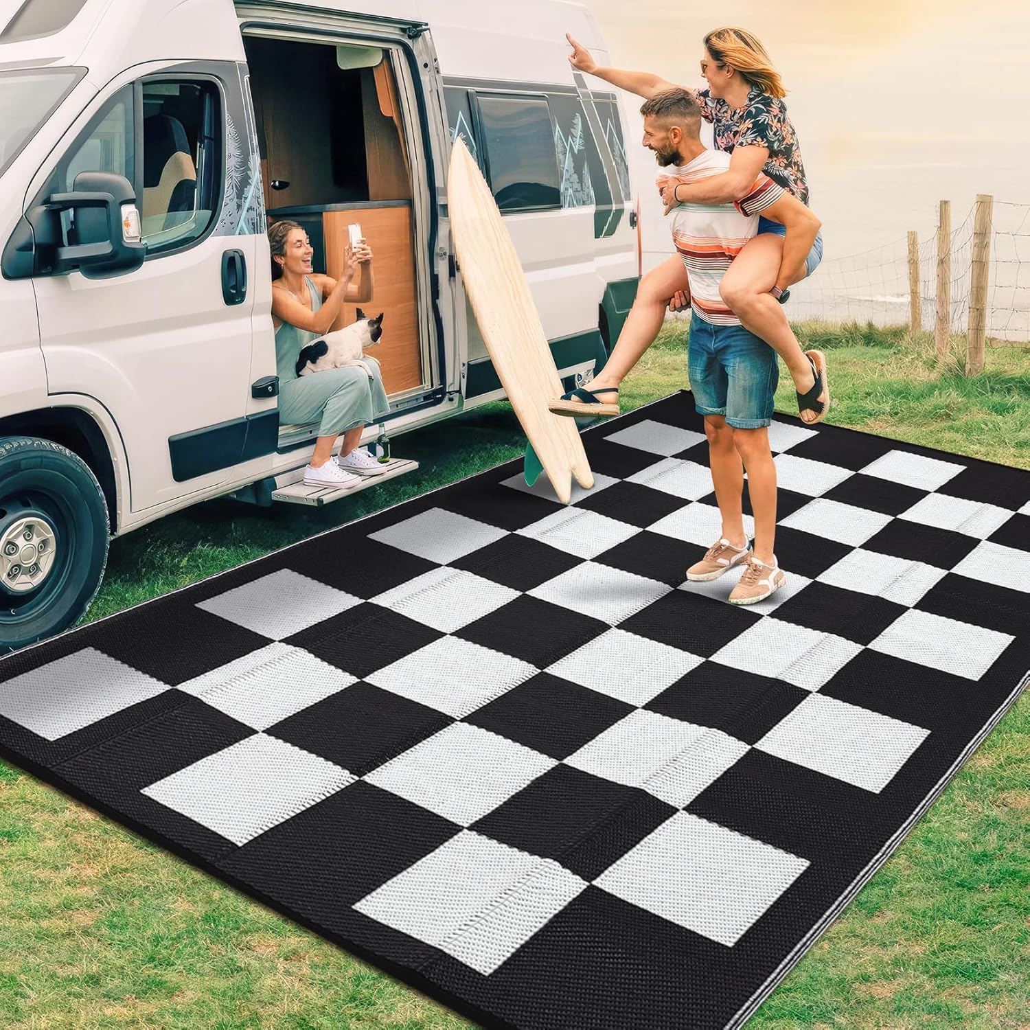 Large Outdoor Rug 9 x 18 Waterproof Modern Checkboard Design