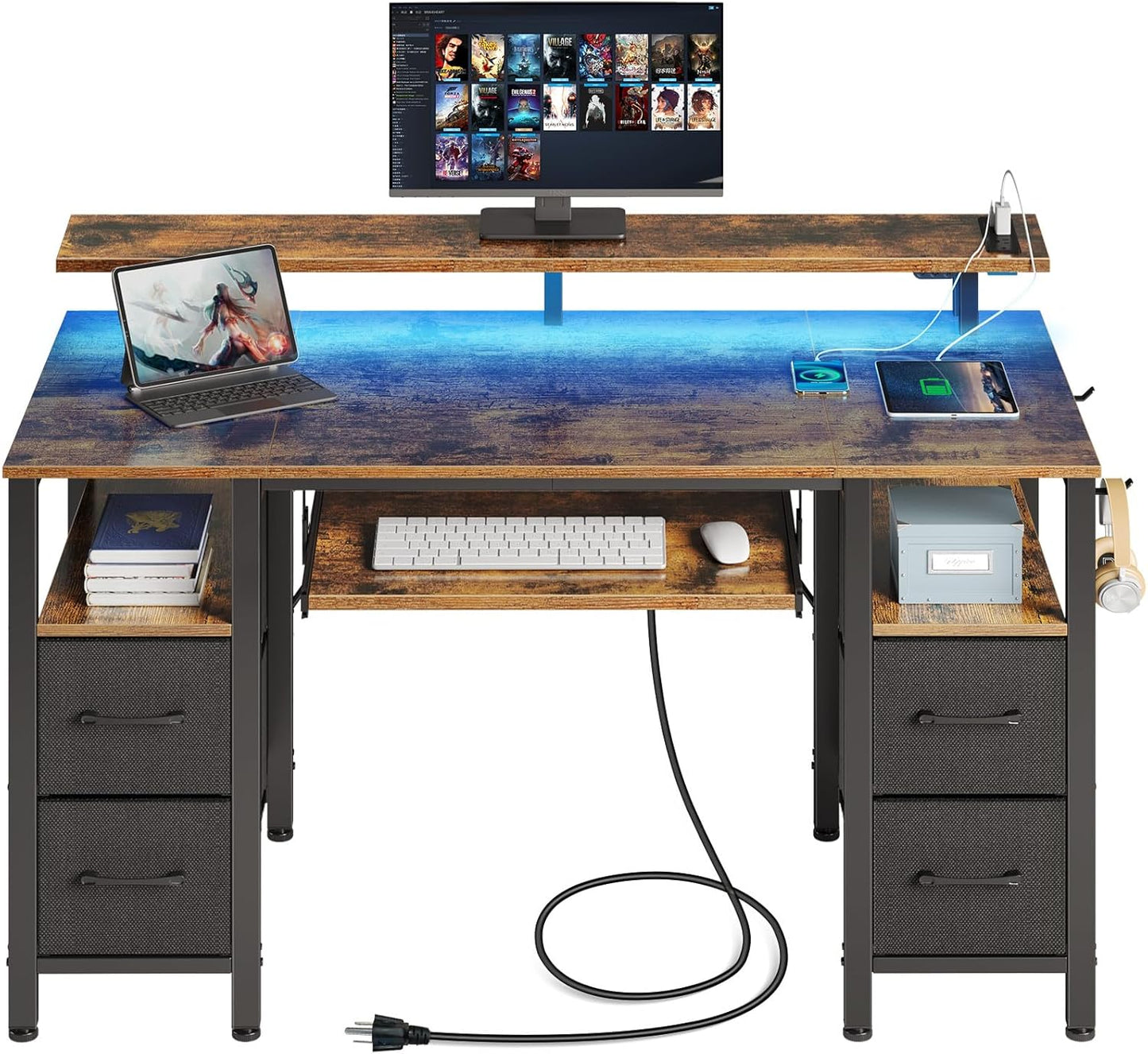 Seventable Computer Desk 55.1 with LED Lights and Power Outlets