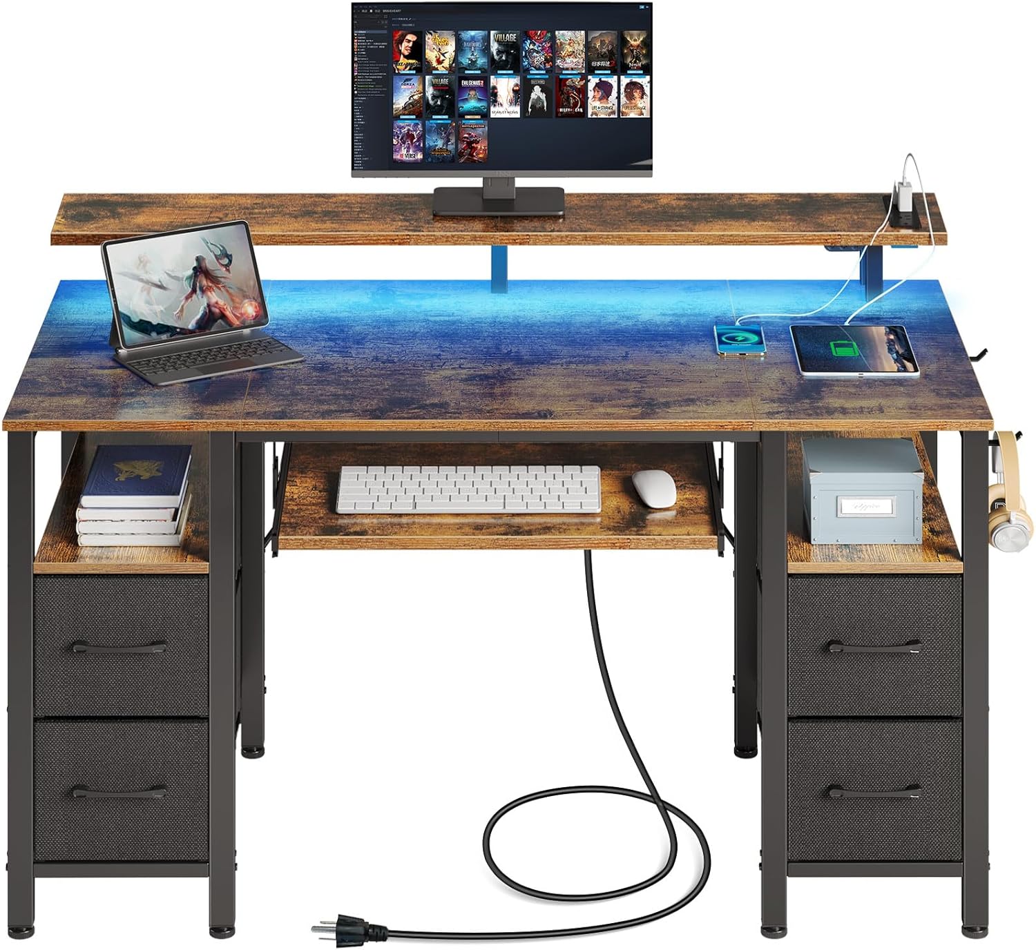 Seventable Computer Desk 55.1 with LED Lights and Power Outlets