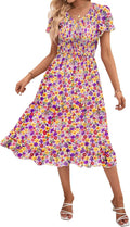 Women Floral Smocked Midi Dress - Flowy Ruffle Sleeve Midi