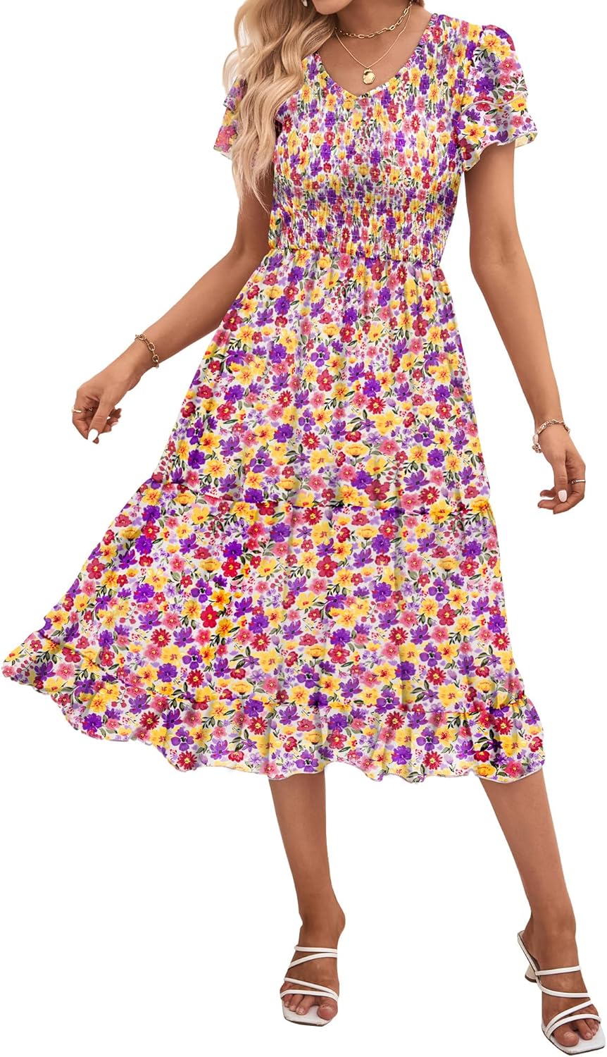 BTFBM Women Casual Summer Short Ruffles Tiered Sleeve Midi Dress