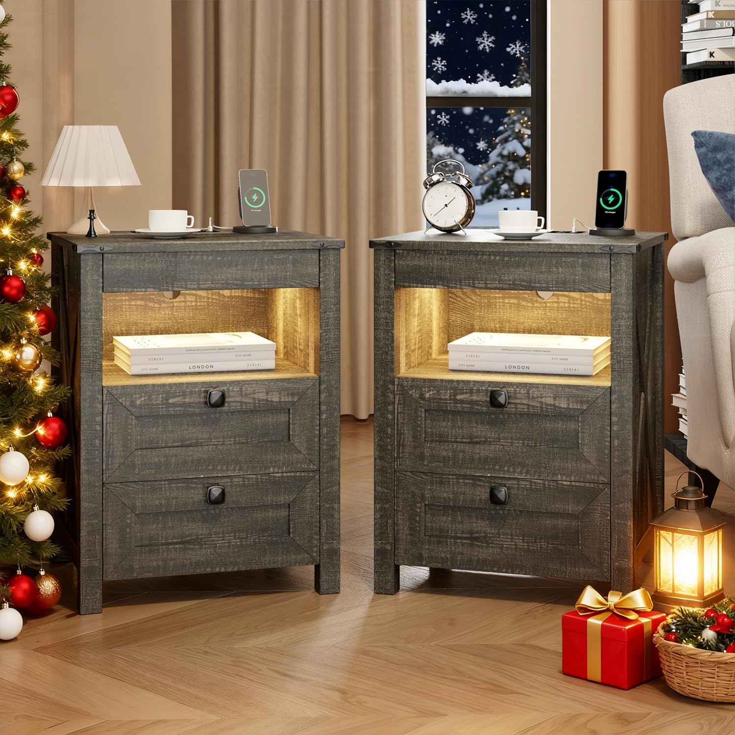 FREDEES LED Nightstand Set with Gun Drawer and Charging Station