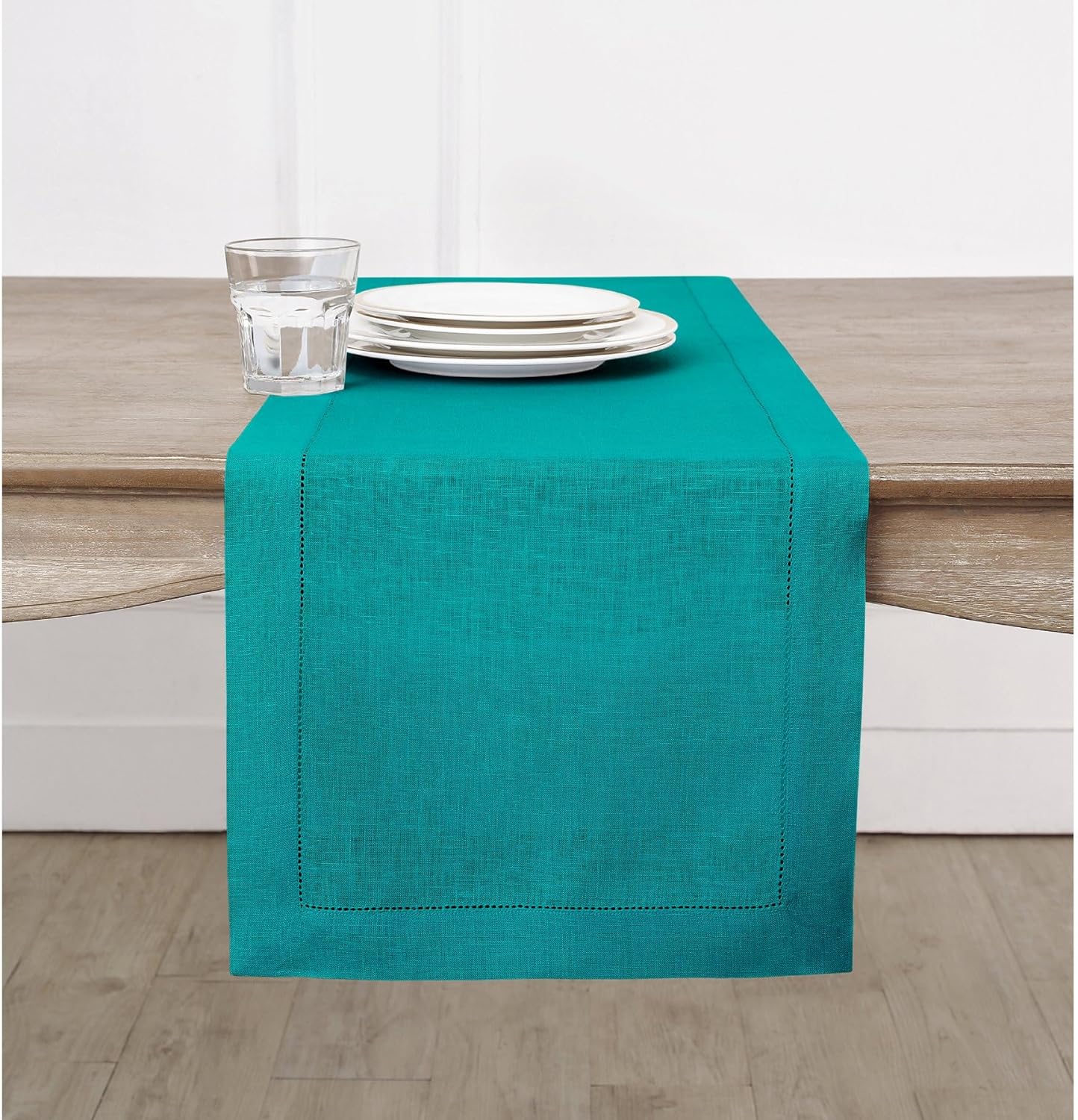 Elegant Teal Hemstitch Table Runner - 100% Pure Linen 60 in