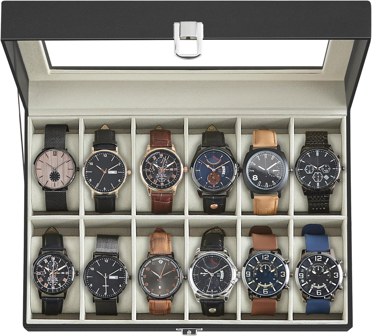 12-Slot Watch Box Organizer with Glass Lid for Watch Enthusiasts