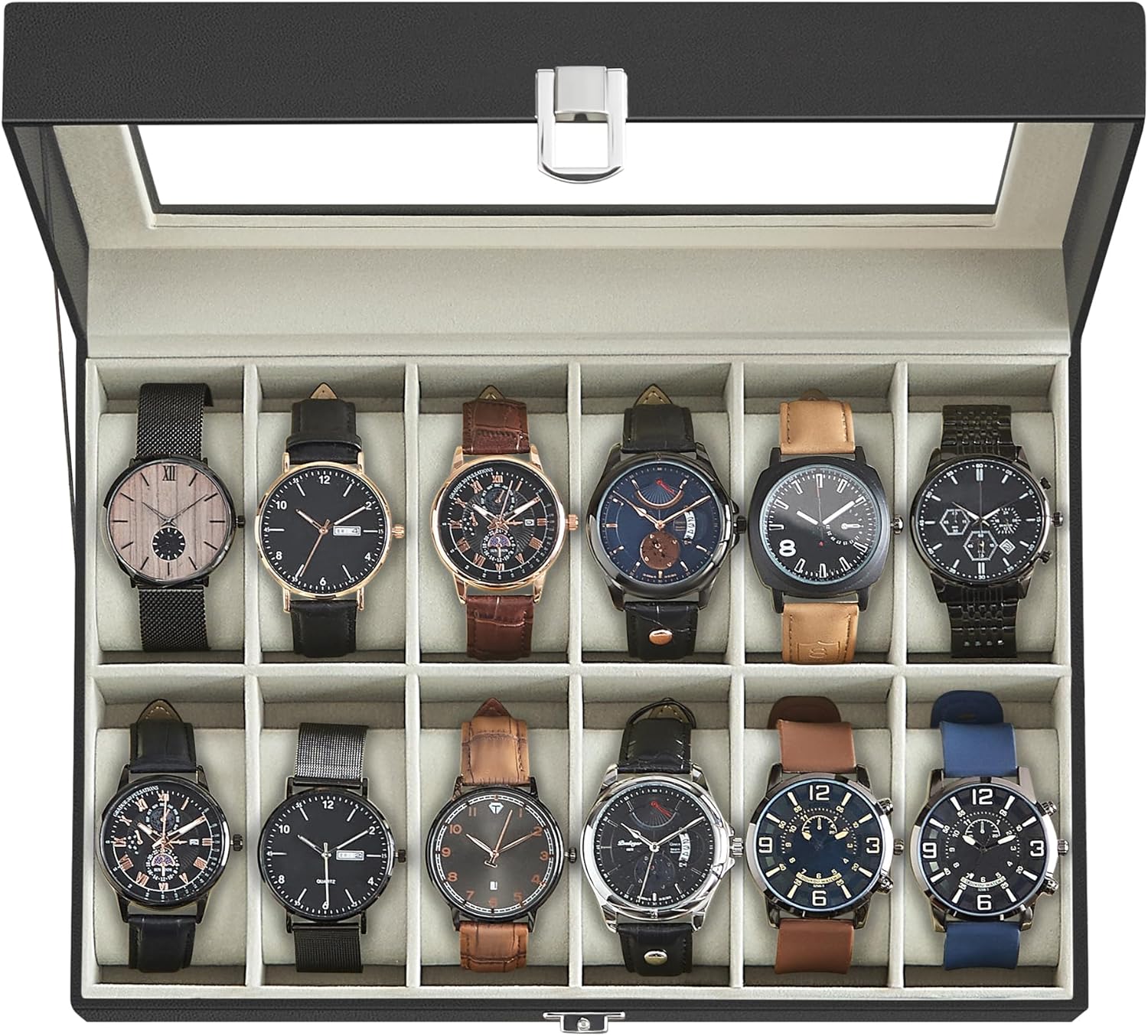 12-Slot Watch Box Organizer with Glass Lid for Watch Enthusiasts