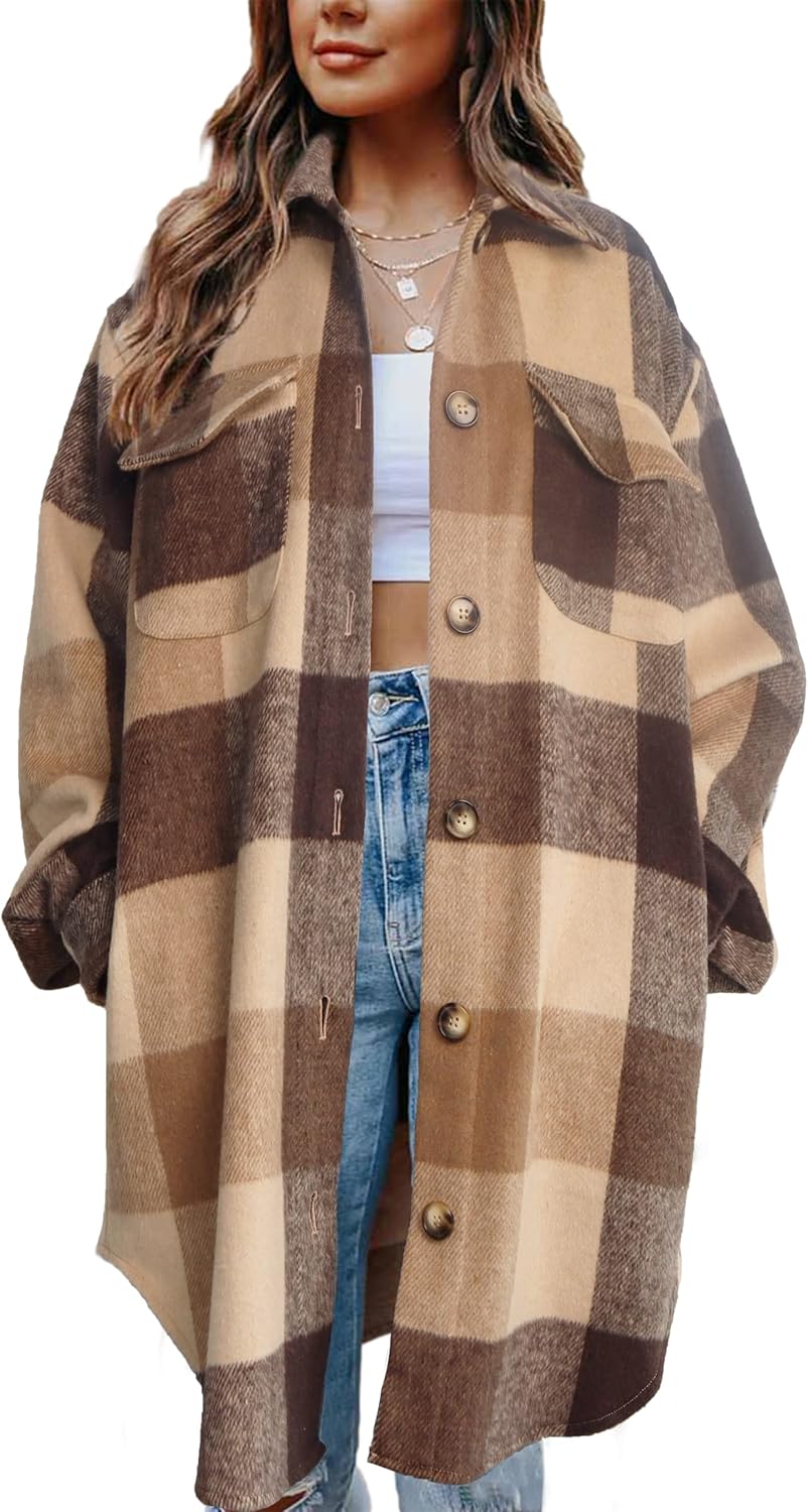 SeekMe Women's Long Plaid Shirt Jacket for Cozy Fall Style