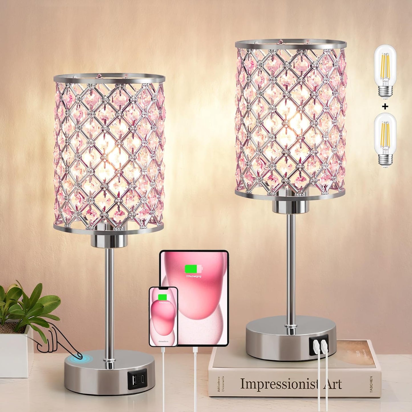 Pink Crystal Table Lamp Set by GyroVu - Touch Control & USB