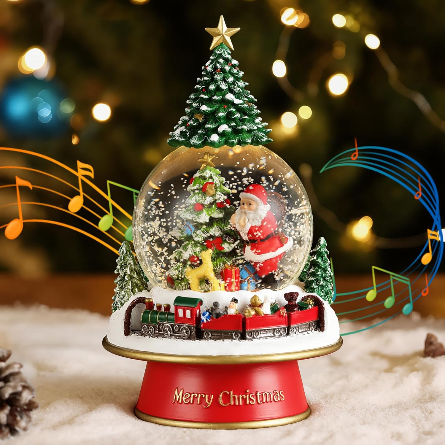 Lewondr Christmas Snow Globe with Music, Light & Train Base