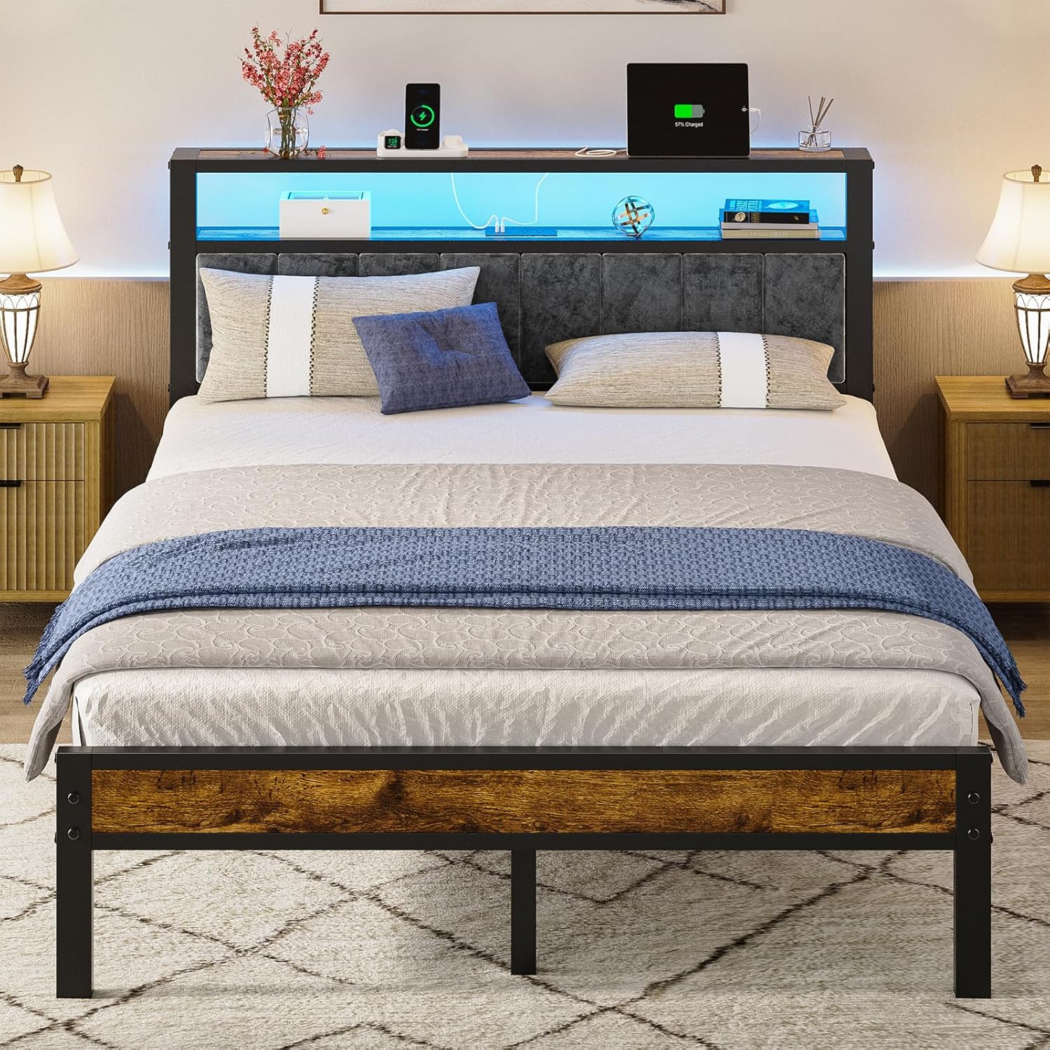 Queen Size Bed Frame with Storage Shelves and LED Lights