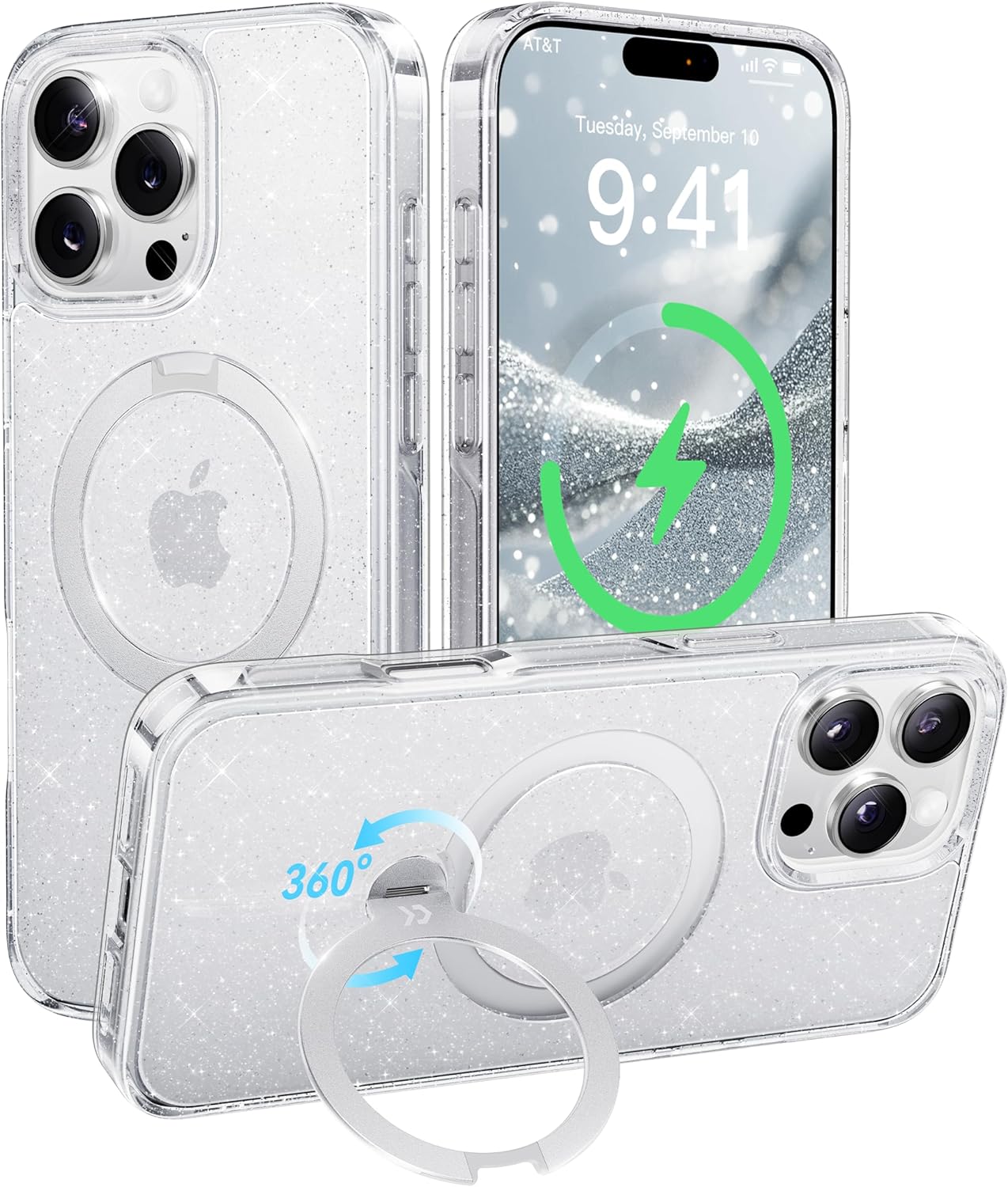 CASEKOO Glitter 360 Spin iPhone 16 Pro Case with Stand